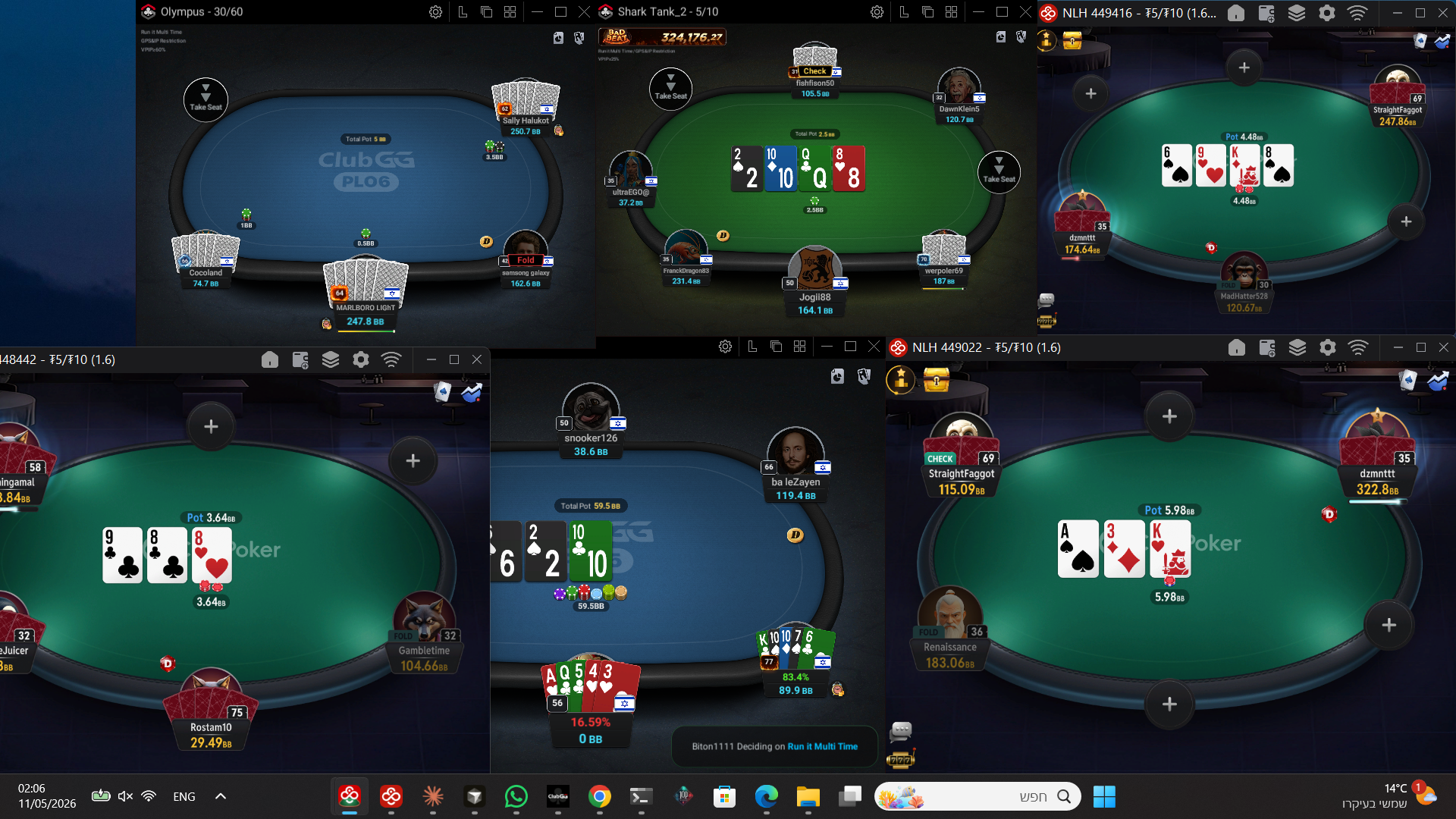 Six poker tables running simultaneously